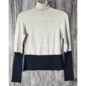 Vtg Gene Meyer Turtle‎ Neck Sweater XS Wool Blend Beige/Black Career Minimalist